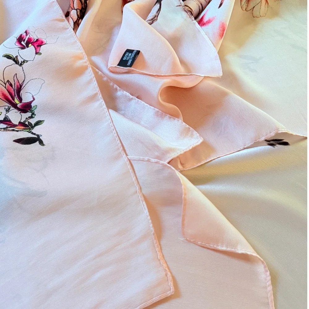 Pink Floral Silk Feel Polyester Scarf Rectangle Wrap‎ Made in China